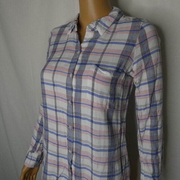 Soft Joie Annabella Button Down Plaid Shirt Top Blouse Long Tab Sleeve XS - Picture 2 of 11